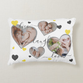 Live Laugh Love Photo Hearts Grey & Yellow Accent Kussen