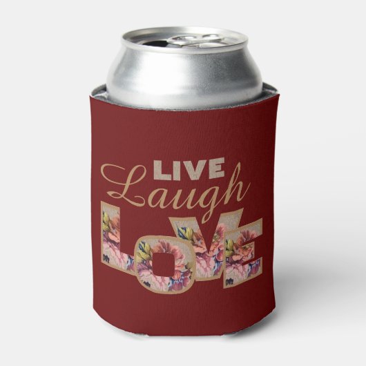 Live, Laugh, Love Rustic Floral on Burgundy Blikjeskoeler (Blikje Voorkant)
