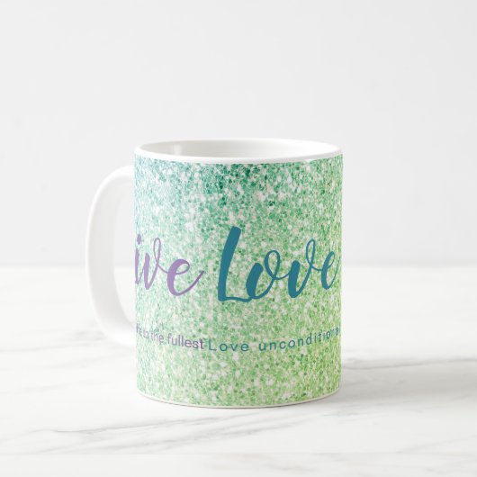 Live Liefde Lach Blauw Groen Glitter Script Mok (Voorkant links)
