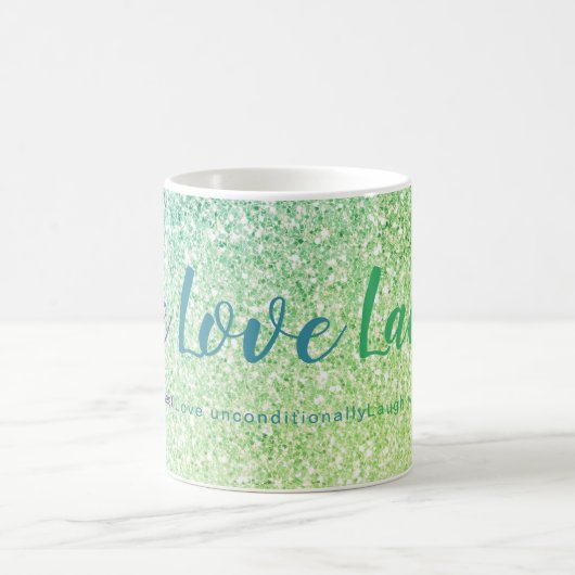Live Liefde Lach Blauw Groen Glitter Script Mok (Center)