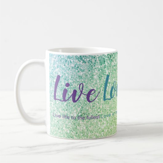 Live Liefde Lach Blauw Groen Glitter Script Mok (Links)