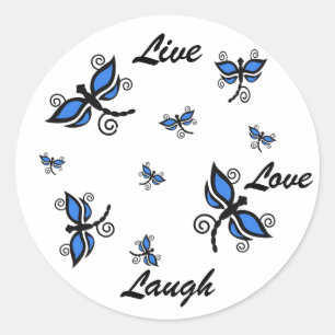 Live, Liefde, Lach, blauwe digitale kunst libellen Ronde Sticker
