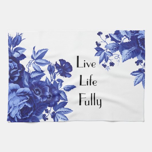 Live Life Fully Blue Floral Kitchen Towel Theedoek (Horizontaal)