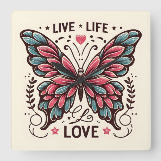 Live Life Love Vierkante Vlinder Muur Klok
