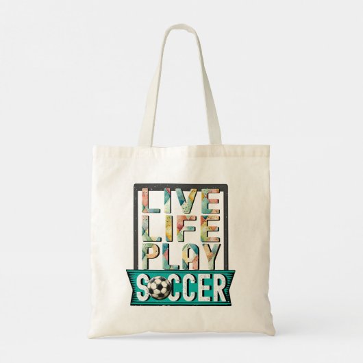 Live Life Play Voetbal, Football Speler Typografie Tote Bag (Achterkant)
