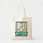 Live Life Play Voetbal, Football Speler Typografie Tote Bag (Voorkant)