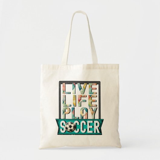 Live Life Play Voetbal, Football Speler Typografie Tote Bag (Voorkant)
