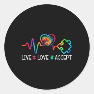 Live Love Accepteer Autism Awareness Heart Beat Ma Ronde Sticker