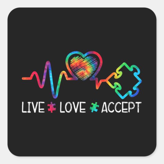 Live Love Accepteer Autism Awareness Heart Beat Ma Vierkante Sticker (Voorkant)