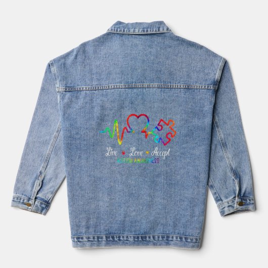 Live Love Accepteer Autisme Awareness Heartbeat Bl Denim Jacket (Achterkant)