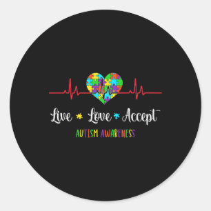 Live Love Accepteer Autisme Awareness Heartbeat Bl Ronde Sticker