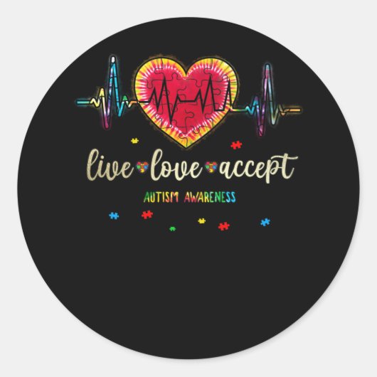 Live Love Accepteert autisme Heart Beat Puzzle Ronde Sticker (Voorkant)