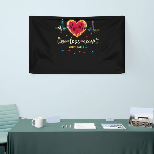 Live Love Accepteert autisme Heart Beat Puzzle Spandoek (Beurs)