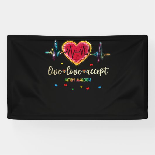 Live Love Accepteert autisme Heart Beat Puzzle Spandoek (Horizontaal)