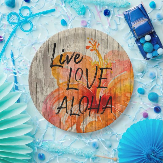 Live Love Aloha Hibiscus Beach Sign Papieren Bordje (Feest)