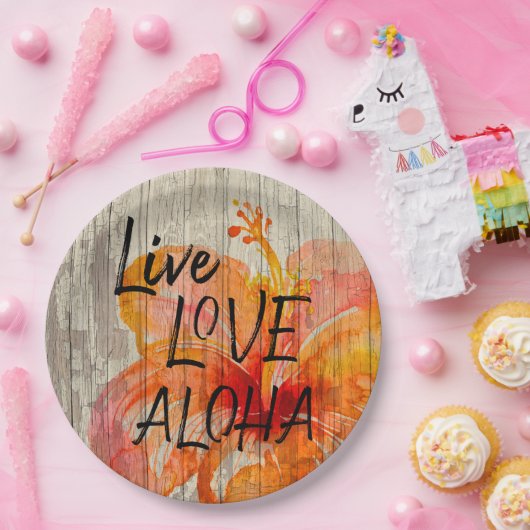 Live Love Aloha Hibiscus Beach Sign Papieren Bordje (Feest)
