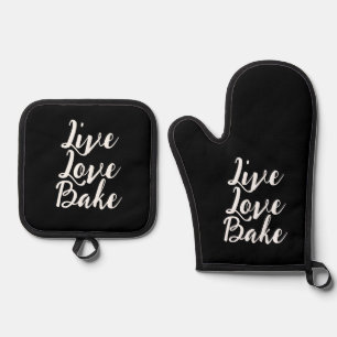 Live Love Bake Grappig Zwart Wit Modern Script Ovenwant & Pannenlap Set
