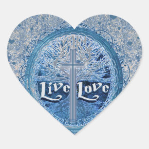 Live Love Cross Blue Tree of Life Pattern Hart Sticker