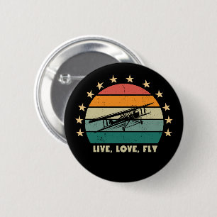 "Live Love Fly" Tekst, Vintage Vliegtuig Retro Zon Ronde Button 5,7 Cm