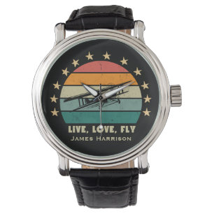 "Live Love Fly" Tekst,  Vliegtuig Retro Zonsonderg Horloge