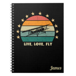 "Live Love Fly" Tekst,  Vliegtuig Retro Zonsonderg Notitieboek