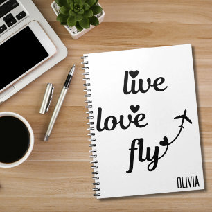 Live Love Fly Typografie & Harten, Vliegtuig Vlieg Notitieboek