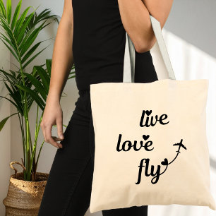 Live Love Fly Typografie & Harten, Vliegtuig Vlieg Tote Bag