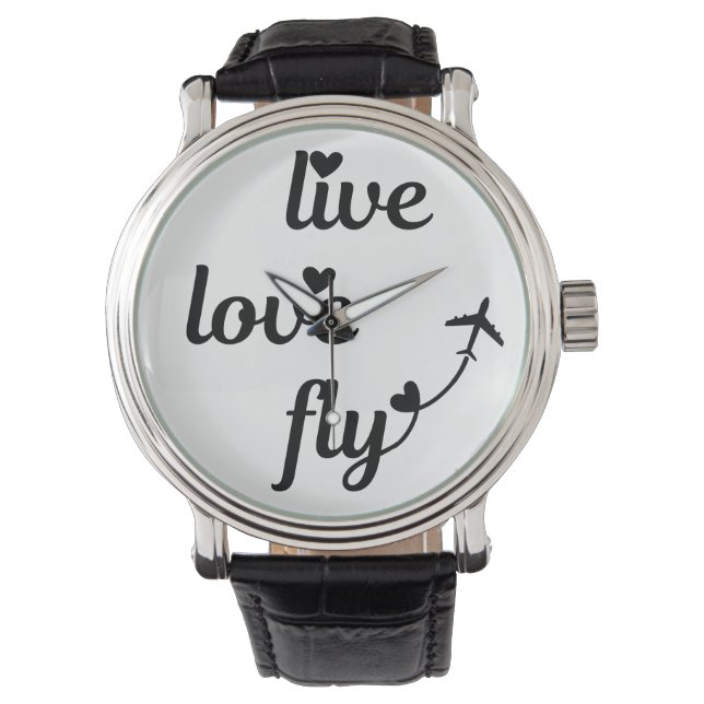 Live Love Fly Typography & Hearts, Vliegtuig Vlieg Horloge (Voorkant)