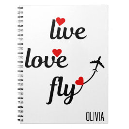 Live Love Fly Typography & Hearts, Vliegtuig Vlieg Notitieboek