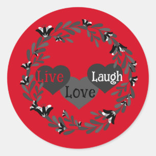 Live Love Lach Rood, Wit en Zwart Hart Design Ronde Sticker