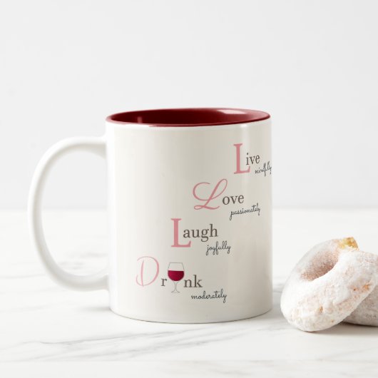 Live Love Laugh en Drink wine Tweekleurige Koffiemok (Met donut)