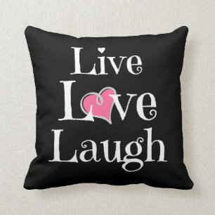 Live Love Laugh Pillow, White on Black, Pink Heart Kussen