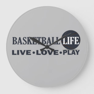 live love play basketball life blue text grote klok