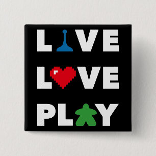 Live, Love, Play Black Pin Vierkante Button 5,1 Cm
