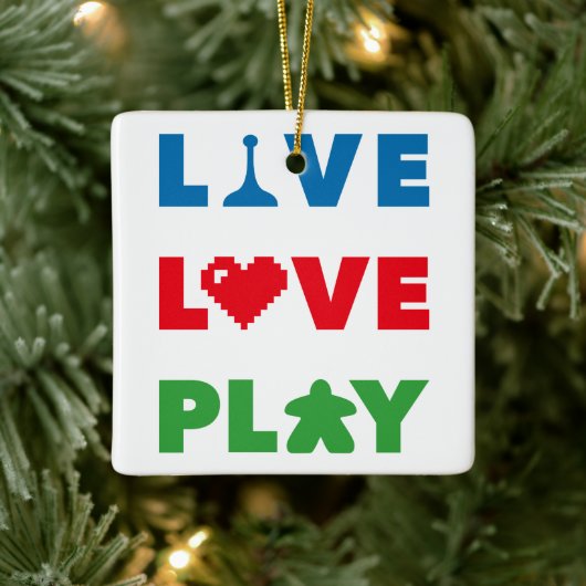 Live, Love, Play Colorful Text Ceramic Ornament (Boom)