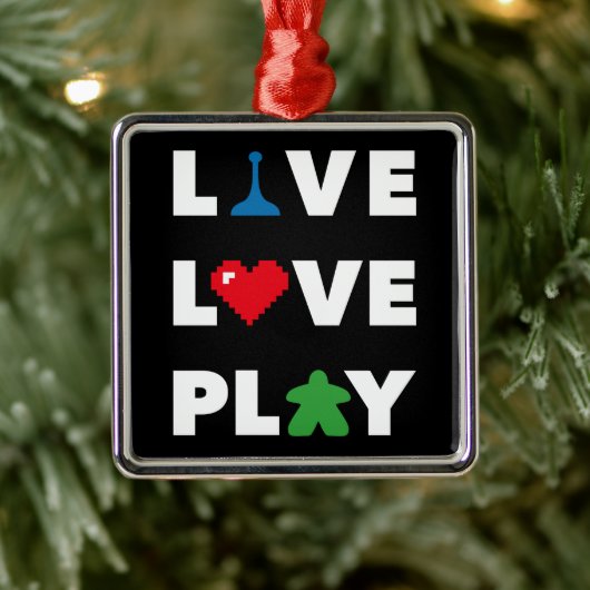 Live, Love, Play White Text Metal Ornament (Boom)