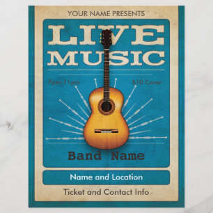 Live Music Acoustic Guitar Flyer Blue