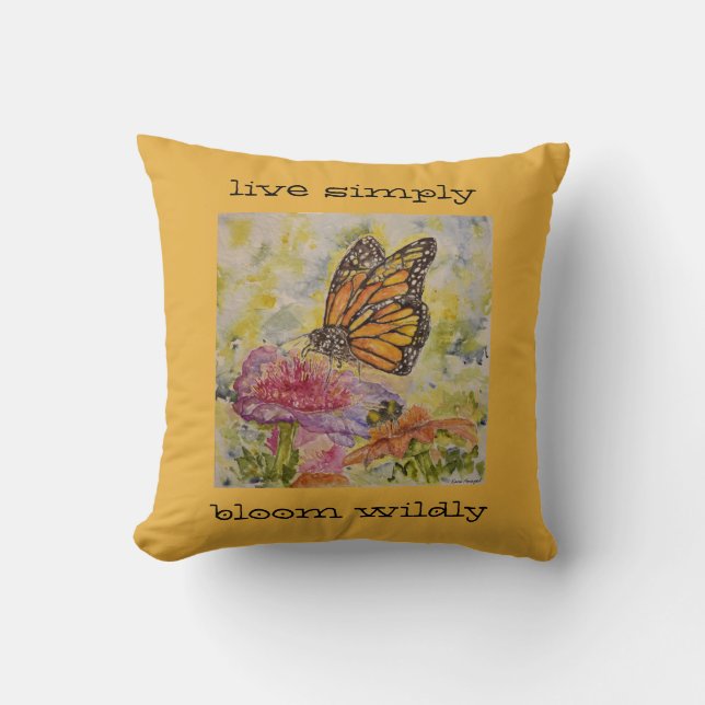Live Simple Butterfly Waterverf Art Yellow Pillow Kussen (Voorkant)