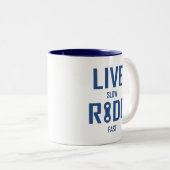Live Slow Ride Fast Cycling Tweekleurige Koffiemok (Voorkant rechts)