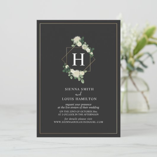 Live Stream Virtual Wedding Grey Floral Monogram Kaart (Staand voorkant)