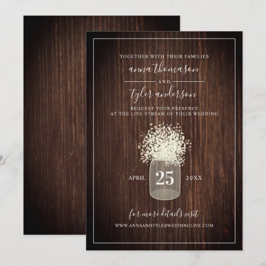 Live Stream Virtual Wedding Rustic Mason Jar Wood Kaart (Voorkant / Achterkant)