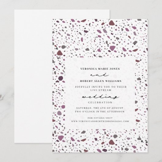 Live Stream Wedding Paarse Cassis Terrazzo Kaart (Voorkant / Achterkant)