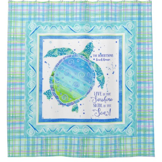 Live Sunshine Swim Zee Zee Turtle Beach Waterverf Douchegordijn (Voorkant)