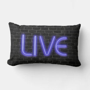LIVE tekst in neonlichten op baksteen Kussen