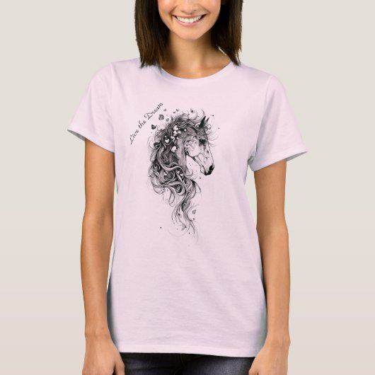 "Live the Dream B&W Whimsical Abstract Horse T-shirt (Voorkant)