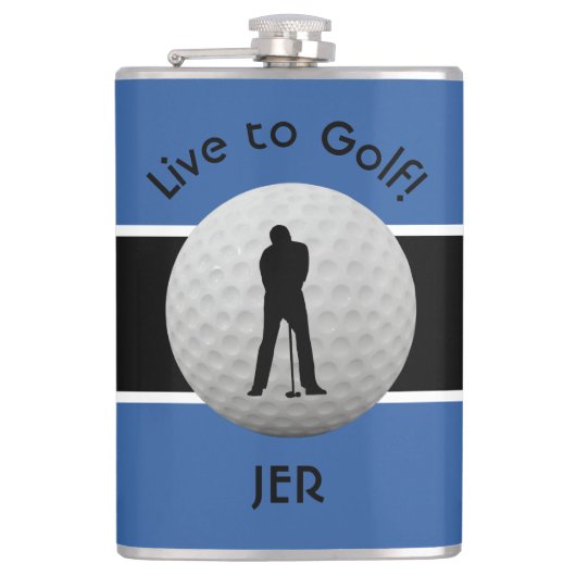 Live to Golf Citaat Geborduurde Initialen Blauw Zw Heupfles (Voorkant)