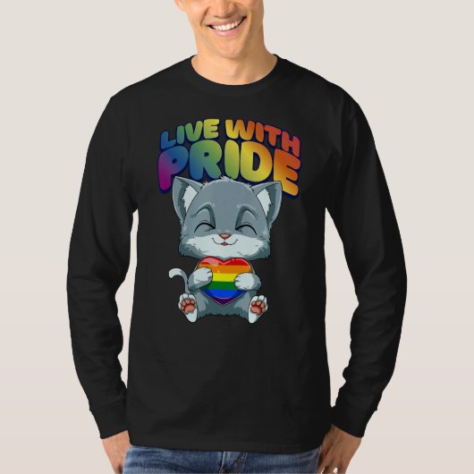 Live With Pride LGBTQ Heart Cat Hugging LGBTQ Hea T-shirt (Voorkant)