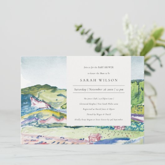 Lively Mountain Scape Blush Baby shower uitnodigen Bedankkaart (Staand voorkant)