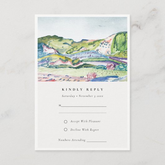 Lively Mountain Scape Blush Green Wedding RSVP Informatiekaartje (Voorkant)