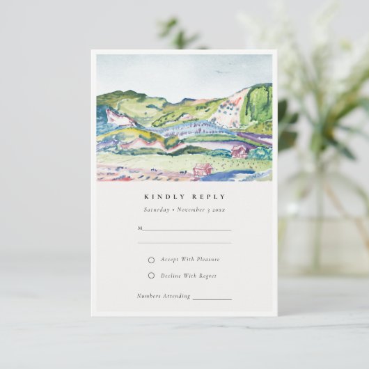 Lively Mountain Scape Blush Green Wedding RSVP Informatiekaartje (Staand voorkant)